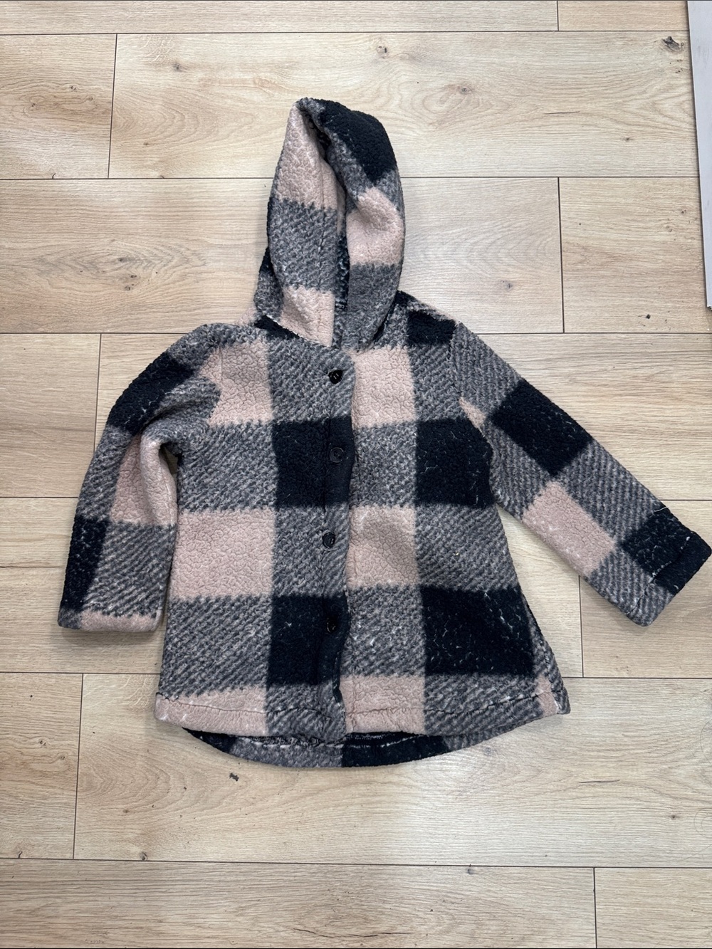Kids Hooded Plaid Button-Up Coat - beige & Black